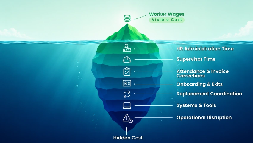 Iceberg diagram showing worker wages above the surface and hidden administration, supervision, correction, replacement and systems costs below