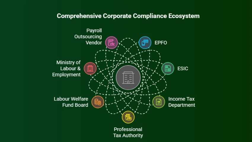Indian payroll compliance ecosystem showing employer obligations to EPFO ESIC Income Tax and labour authorities