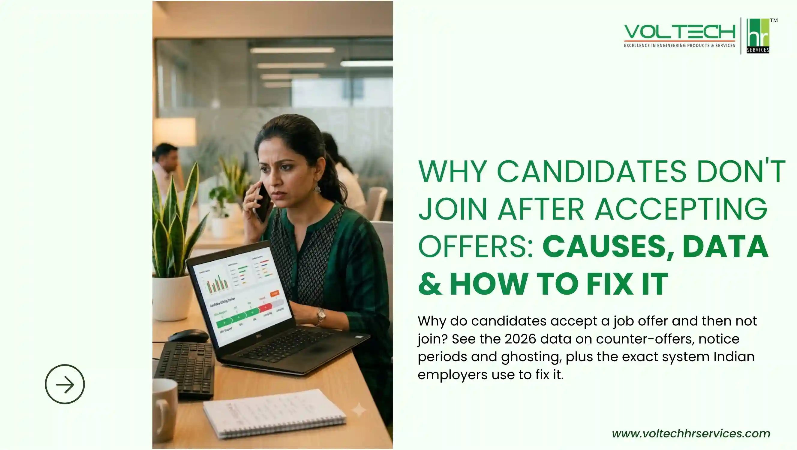 HR manager in India reviewing why a candidate accepted a job offer but did not join,
with an offer-to-joining tracker on screen.